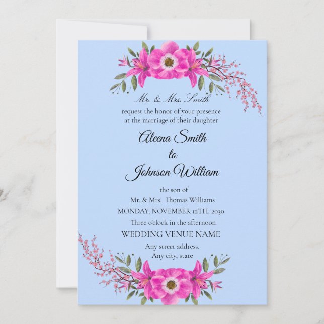 Invitation Couleur bleu pâle avec fleur rose élégante  (Devant)