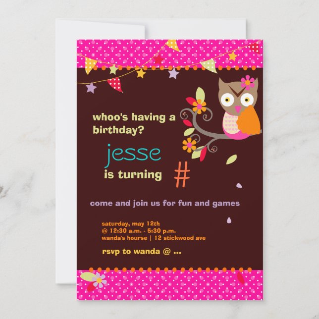 Invitation Couleur Chaud rose/Orange Owl/DO-IT-YOURSELF... Fê (Devant)
