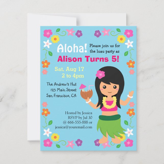 Invitation Couleur Cute Hawaii Hula Girl Luau (Devant)