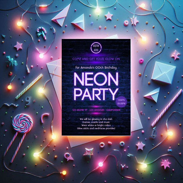 Invitation Couleur dans le parti à thème Neon foncé (Glow in the Dark Neon Themed Party Invitation)