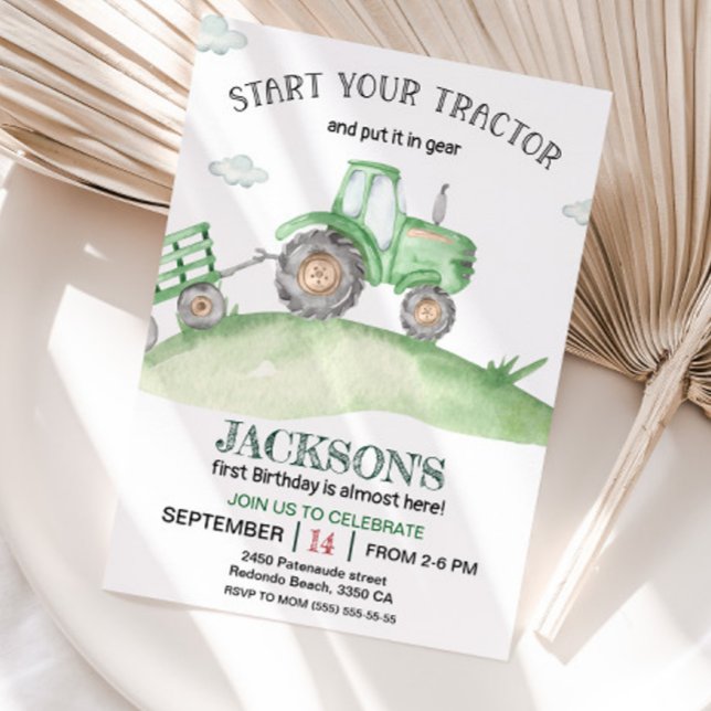 Invitation Couleur d'aquarelle 1er anniversaire du Tracteur v (Green Tractor Birthday invitation)