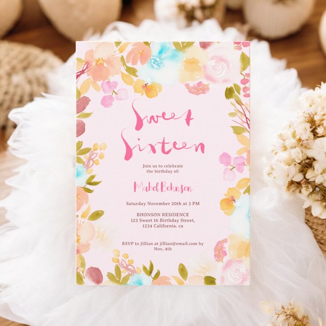 Invitation Couleur d'aquarelle florale de chou de chute molle (Blush fall boho floral watercolor script Sweet 16 Invitation)