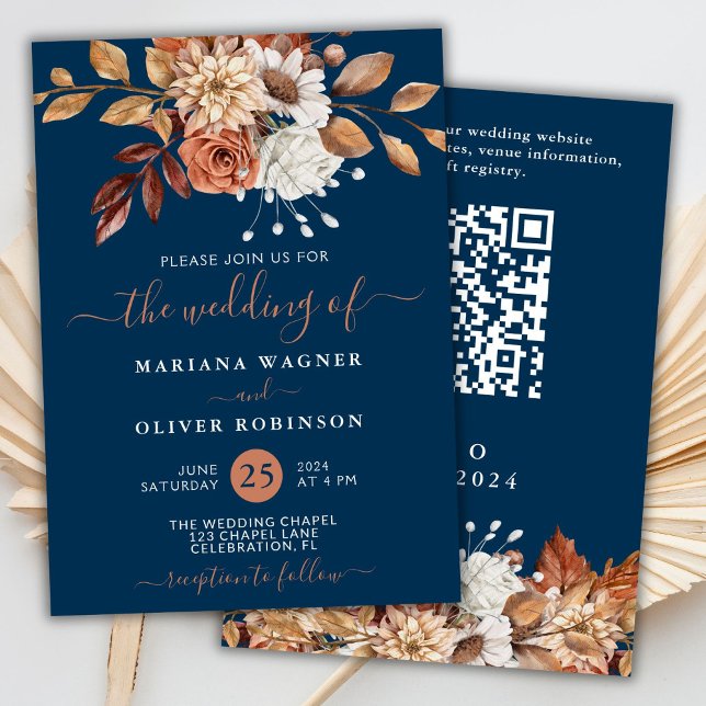 Invitation Couleur d'automne Floral Marine bleu QR Code Maria (Créateur téléchargé)