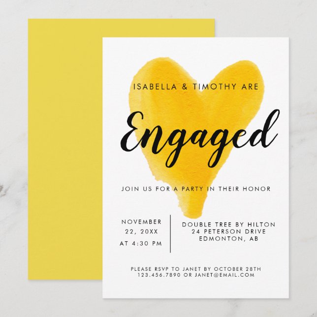 Invitation Couleur de coeur jaune de la partie d'engagement m (Devant / Derrière)