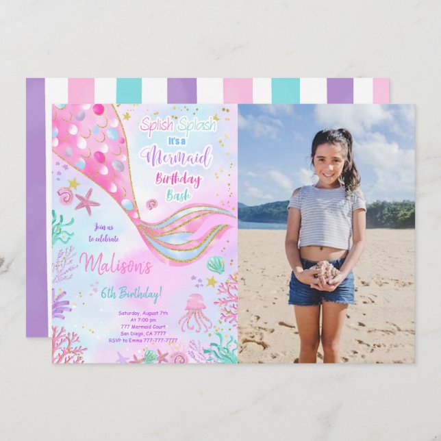 Invitation Couleur de l'eau Sirène Anniversaire Photo Invitat (Devant / Derrière)