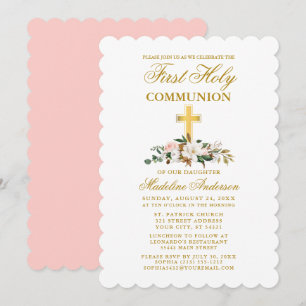 Invitation Couleur d'eau communion Magnolia Croix d'or floral