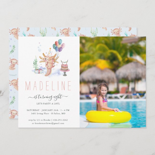 Invitation Couleur d'eau douce Axolotl Anniversaire Photo Inv (Devant / Derrière)