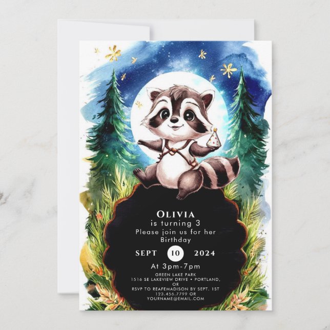 Invitation Couleur d'eau douce Raccoon anniversaire (Devant)