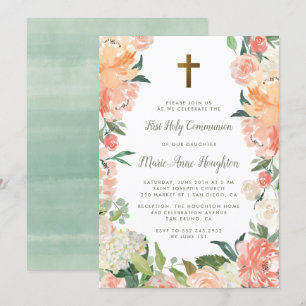 Invitation Couleur d'eau et cadre floral Première communion s