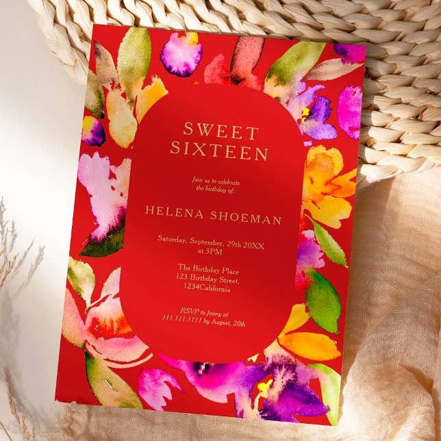 Invitation Couleur d'eau fleurie de chute d'or Sweet 16 (Bold fall oversize floral watercolor Sweet 16 Invitation on terracotta)