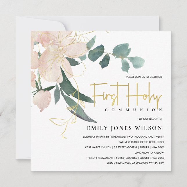 INVITATION COULEUR D'EAU FLORALE BLANCHE DOUCE PREMIÈRE COMMU (Devant)