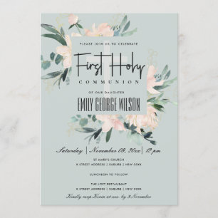 INVITATION COULEUR D'EAU FLORALE BLEU GRAY PREMIÈRE COMMUNION