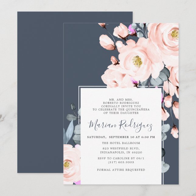 Invitation Couleur d'eau florale unique Blush & Navy Quinceañ (Devant / Derrière)