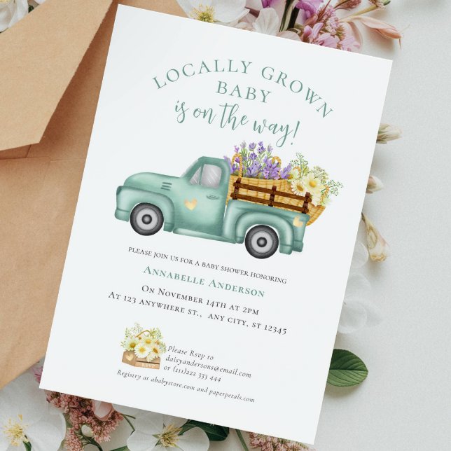 Invitation Couleur d'eau locale Cute Baby shower neutre (Cute Locally Grown watercolor Baby Shower Invitation)