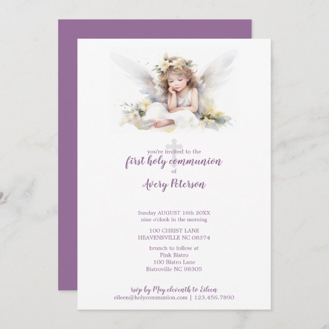 Invitation Couleur d'eau mignonne Croix d'ange Première commu (Devant / Derrière)