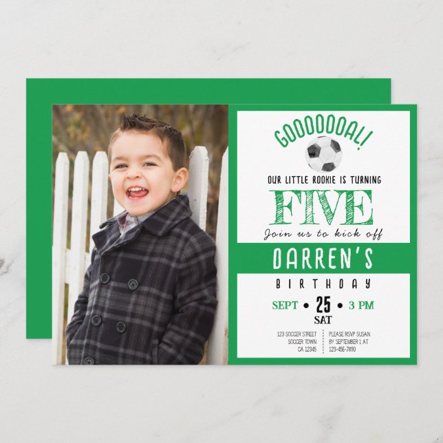 Invitation Couleur d'eau mignonne Football photo vert Anniver (Devant / Derrière)