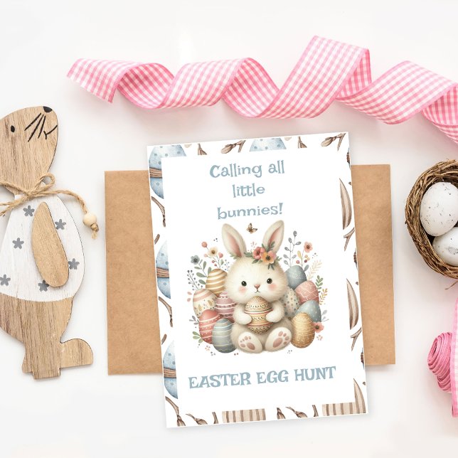 Invitation Couleur d'eau mignonne lapin Oeuf de Pâques Chasse (Cute watercolor Bunny Easter Egg Hunt folded card)