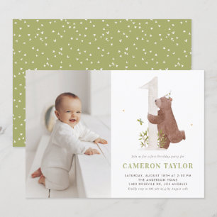 Invitation Couleur d'eau mignonne Ours bois photo Premier ann