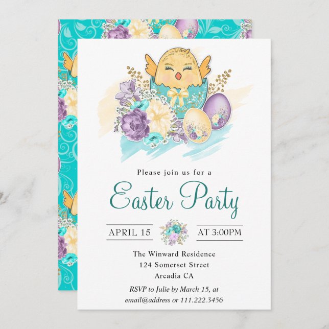 Invitation Couleur d'eau mignonne poussin floral à l'oeuf Fêt (Devant / Derrière)