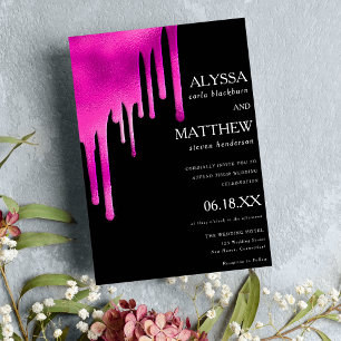 Invitation Couleur d'eau noire rose néon gouttes mariage