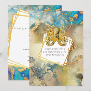 Invitation Couleur d'eau octopus or bleu marron nautique