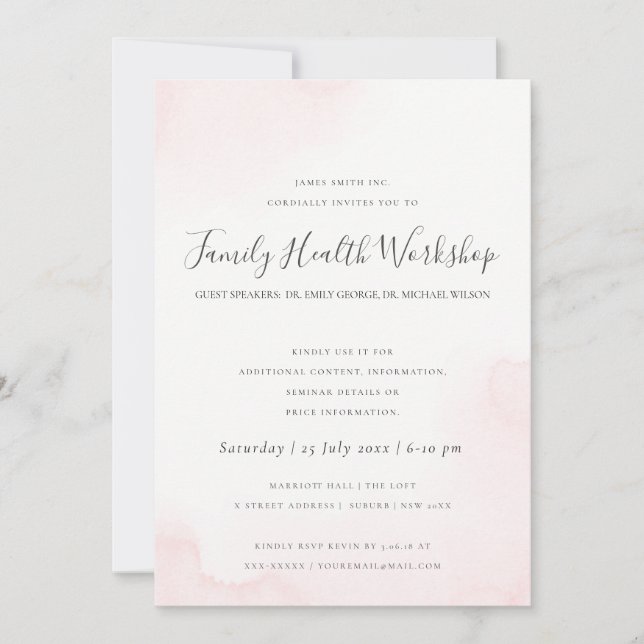 INVITATION COULEUR D'EAU ROSE BLANC ÉVÉNEMENT D'ATELIER BRUSH (Devant)