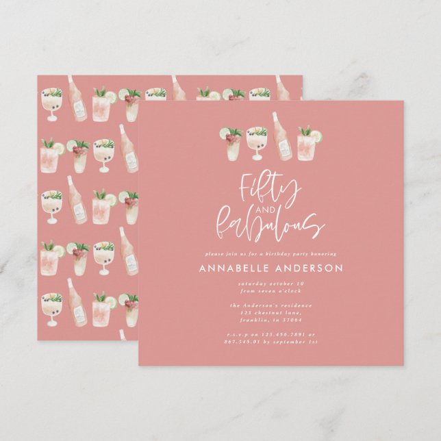 Invitation Couleur d'eau rose de la poule 50 et fabuleux anni (Devant / Derrière)
