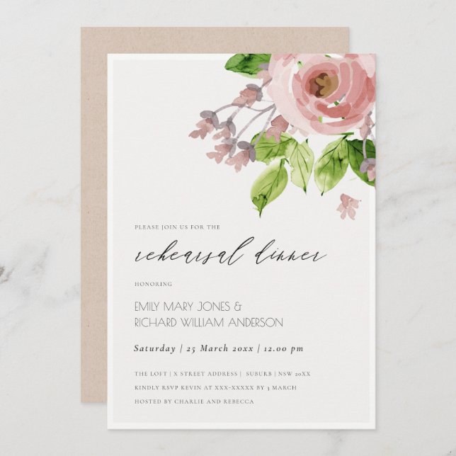 INVITATION COULEUR D'EAU ROSE DOUX ROSE DÎNER FLORAL RÉPÉTITI (Devant / Derrière)