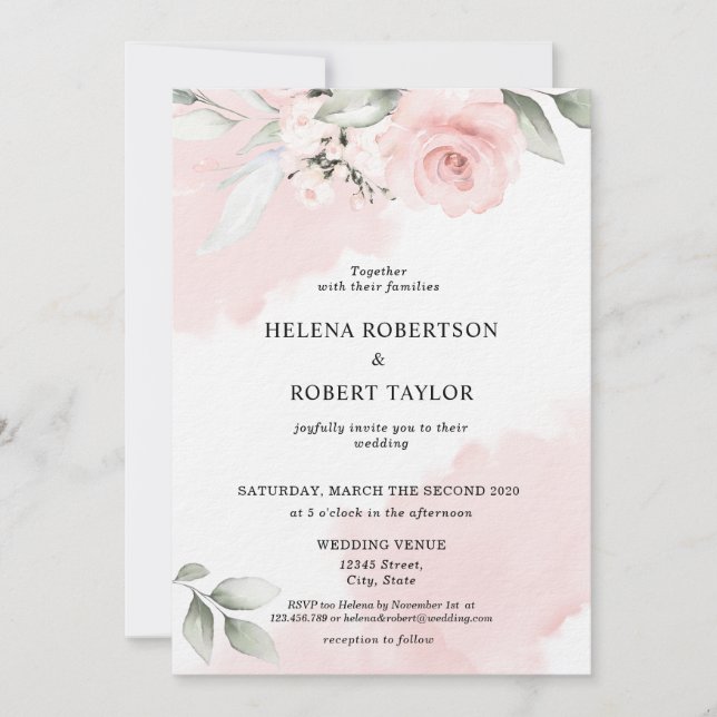Invitation Couleur d'eau rose floral bleu vert foncé (Devant)