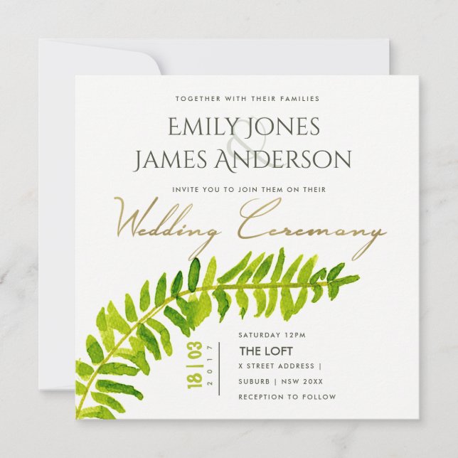 INVITATION COULEUR D'EAU VERT OR FERN FOLIAGE MARIAGE (Devant)