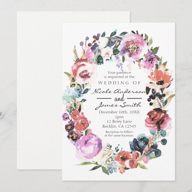 Invitation Couleur douce Aquarelle Floral Mariage Wreath (Devant / Derrière)