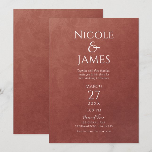 Invitation Couleur Orange Rouille de Corail Mariage Minimalis (Devant / Derrière)