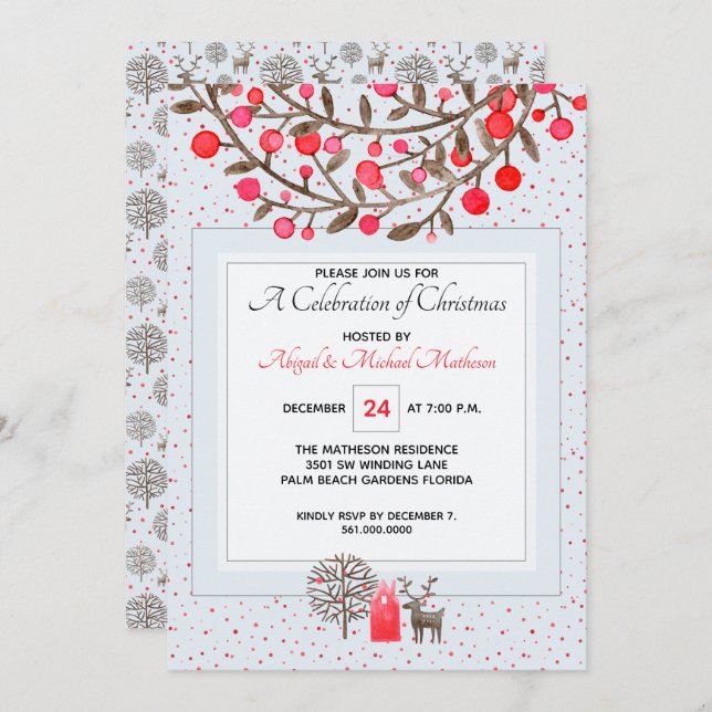 Invitation Couleur personnalisée bleu pastel #Reindeer & Berr (Devant / Derrière)