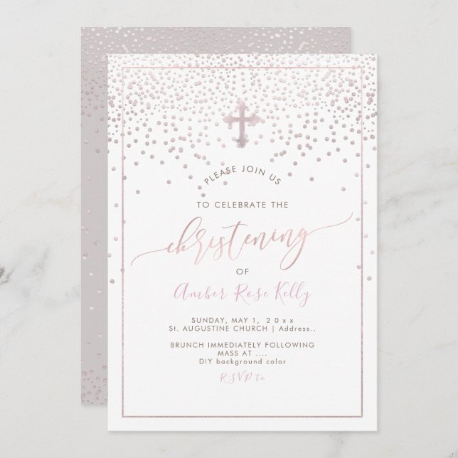 Invitation Couleur PixDezines Blush Confetti/Christening/do-i (Devant / Derrière)