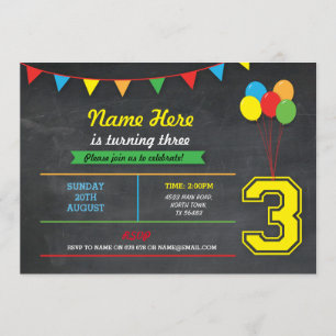 Invitation Couleur primaire Filles d'anniversaire Garçons 3e 