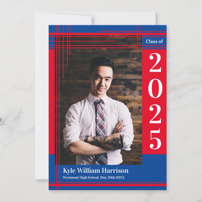 Invitation Couleur Rouge bleu de l'école Graduation Photo Pla (Devant)