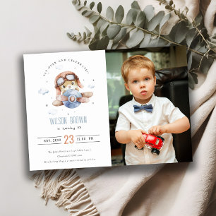 Invitation Couleur rouille bleu avion Teddy Stars Photo Anniv