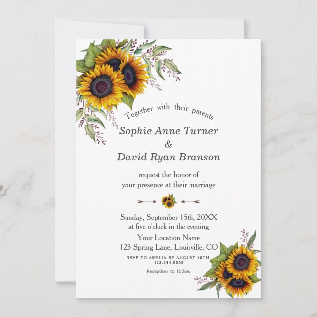 Invitation Couleur rustique tournesol coins Mariage (Devant)