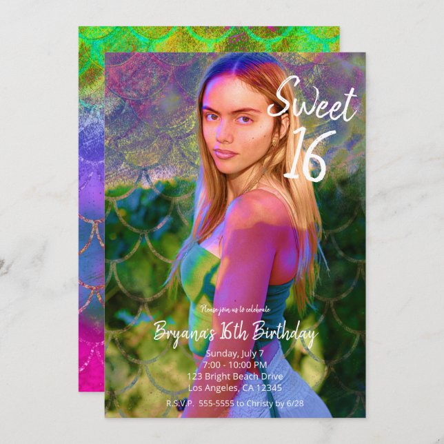 Invitation Couleur Splash Sirène photo Sweet 16 Partie (Devant / Derrière)