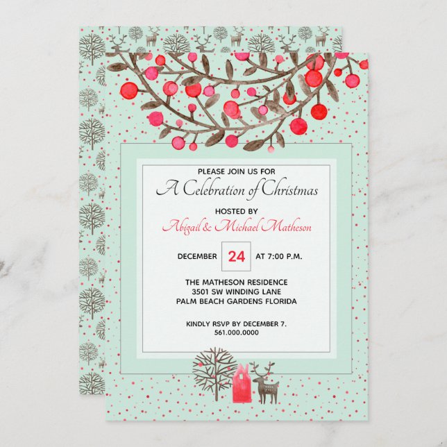 Invitation Couleur verte ou personnalisée #Reindeer & Berries (Devant / Derrière)