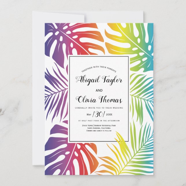 Invitation Couleurs arc-en-ciel motif de feuilles mariage gay (Devant)