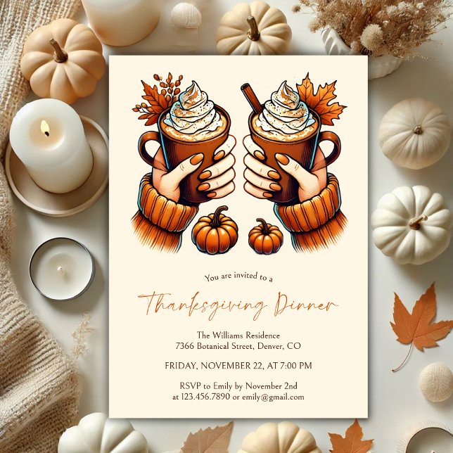 Invitation Couleurs Automne Citrouille Épice Thanksgiving Dîn (Cozy Watercolor Fall Colors Pumpkin Spice Latte Thanksgiving Dinner Invitation)