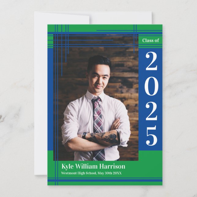 Invitation Couleurs de l'école Bleu Vert Photo de remise de d (Devant)