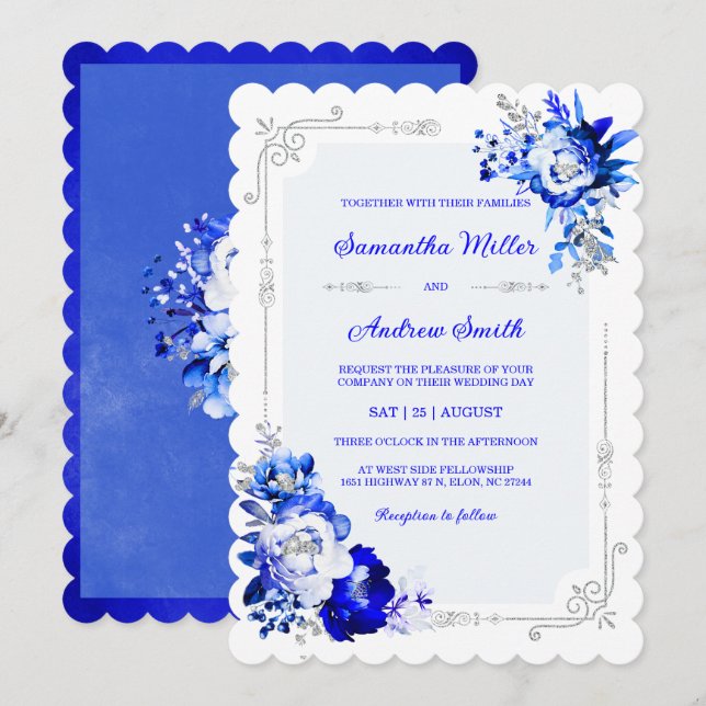 Invitation Couleurs de mariage bleu royal, argent et blanc (Devant / Derrière)