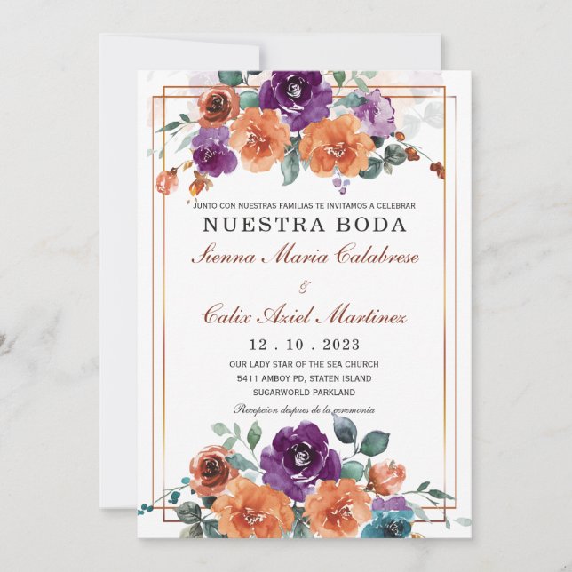 Invitation Couleurs de mariage violet et orange brûlé (Devant)