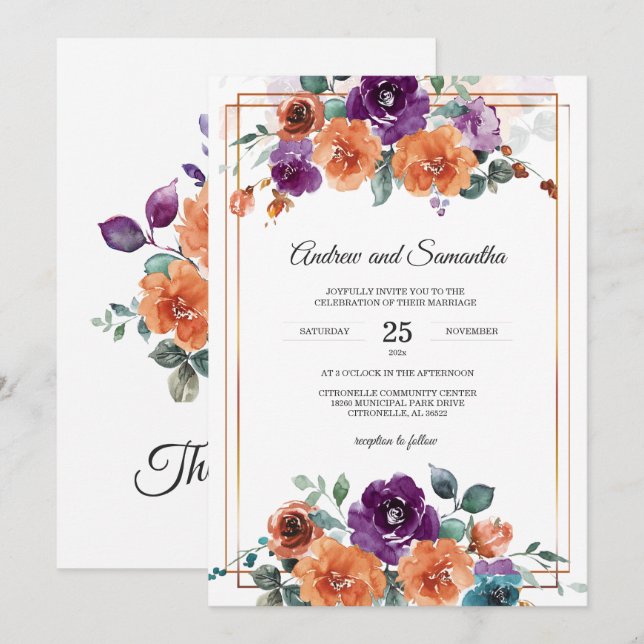 Invitation Couleurs de mariage violet et orange brûlé (Devant / Derrière)