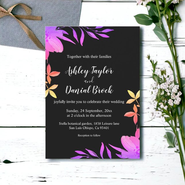 Invitation Couleurs De Neon Noir Et Blanc Flume Mariage Flora (Créateur téléchargé)