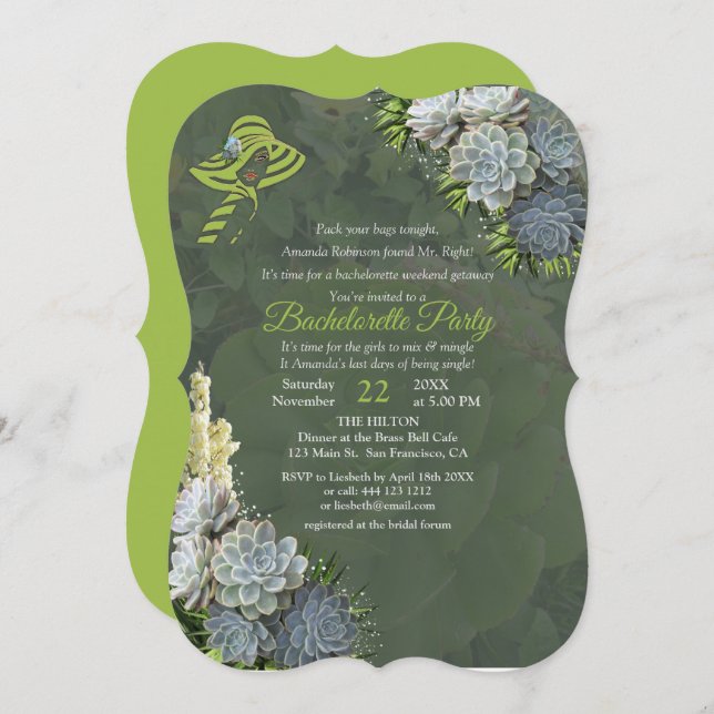 Invitation Couleurs de plage Vert & Succulent Bachelorette Pa (Devant / Derrière)