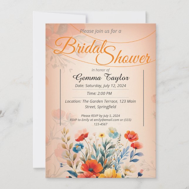 Invitation Couleurs orange et pastel avec desi fleurs peintes (Devant)