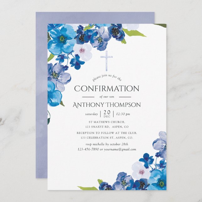 Invitation Couleurs Pastel de bleu Floral Confirmation (Devant / Derrière)